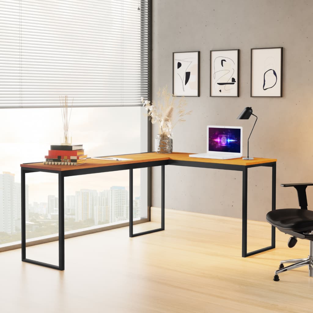 Mesa Escritório em L Escrivaninha Industrial de canto Premium com Base Aço Preto Acabamento Moderno