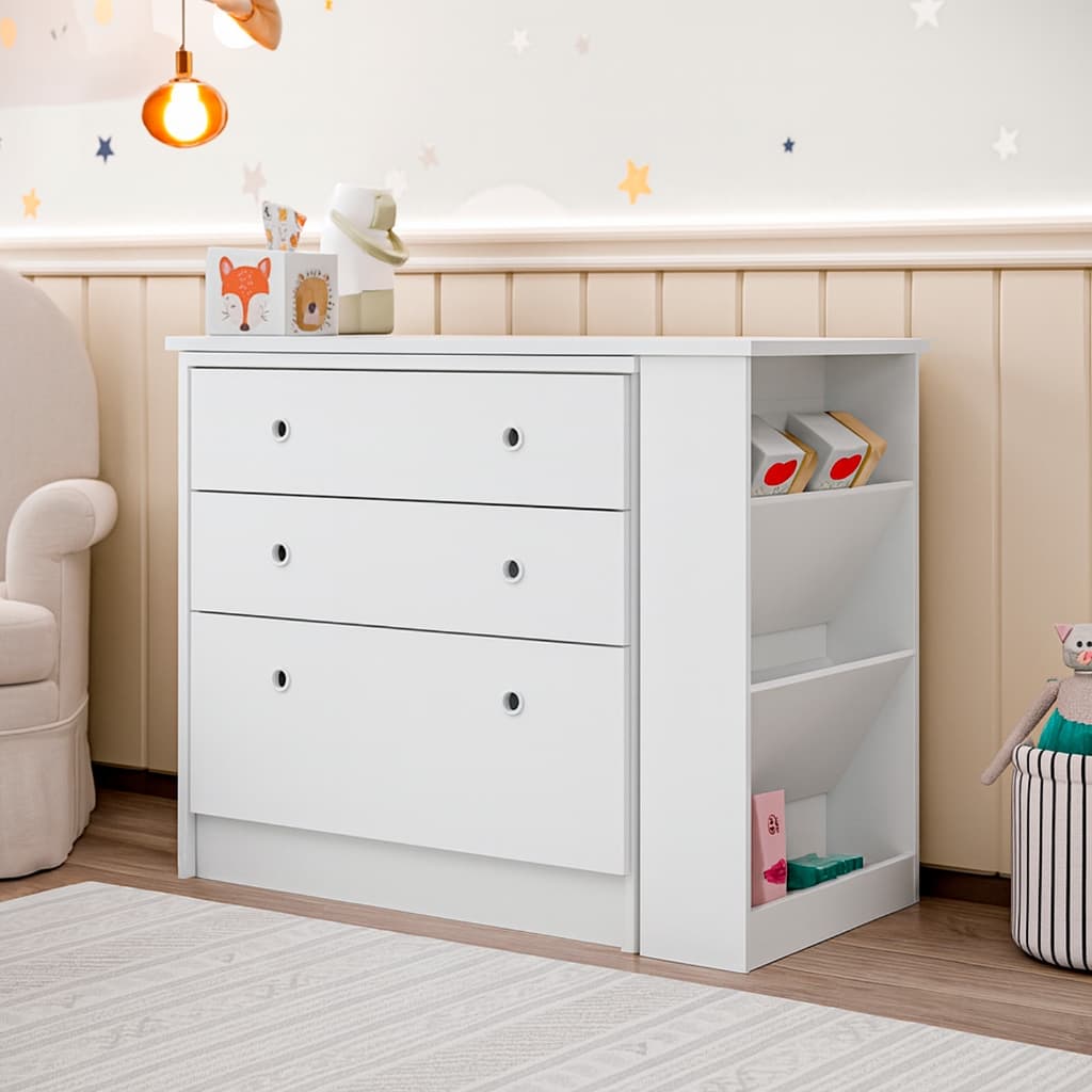 Gaveteiro Infantil 3 Gavetas Giratório Cômoda Branca Quarto Bebê  Multiuso Organizadora com nichos
