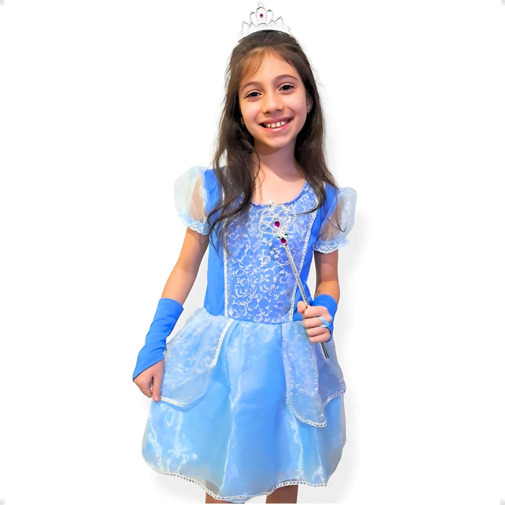 Vestido Fantasia Princesas Cinderela Infantil Kit Coroa Varinha Luva Acessório Luxo Confortavel