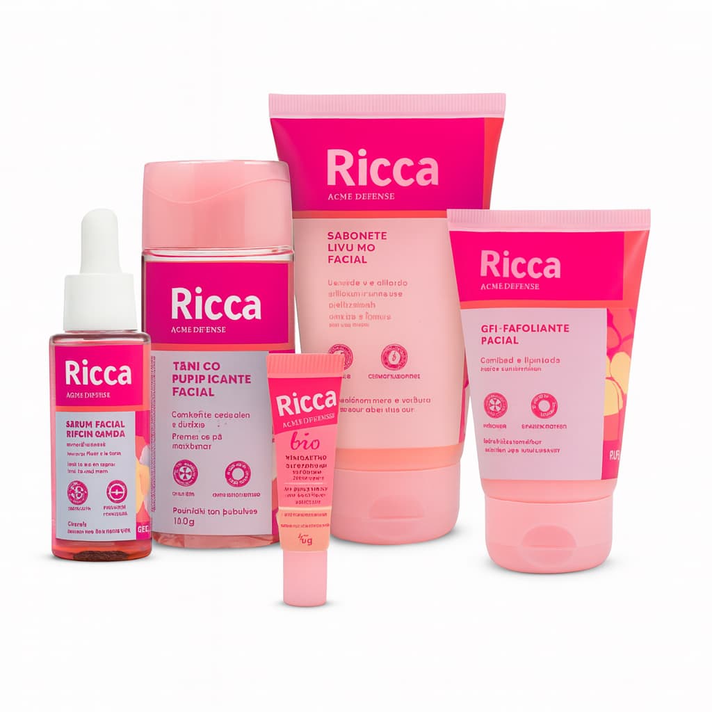 Kit Acne Defense Ricca 5 Itens – Skincare Completo para Pele Oleosa e Espinhas