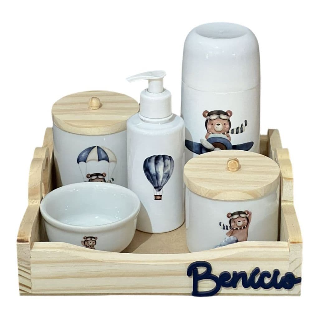Kit Higiene Bebê Porcelana Ursinho Baloeiro Bandeja Pinus Adesivo Dtf Uv Com Nome Personalizado