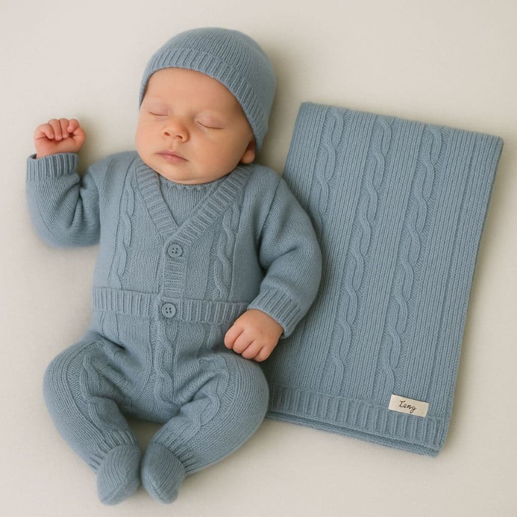 Kit Saída Maternidade Unissex Tricot – Manta, Jardineira, Casaco, Touca e Luvas para Menino e Menina