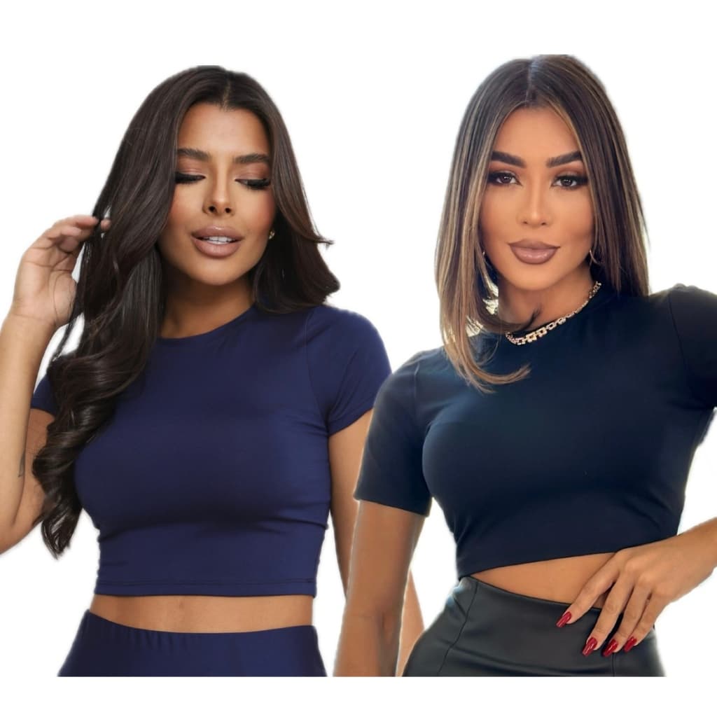 KIT 2 CROPPED FEMININA LISO MANGA CURTA SLIM FIT BÁSICO GOLA SUPLEX PREMIUM CASUAL TOP BABY TEE