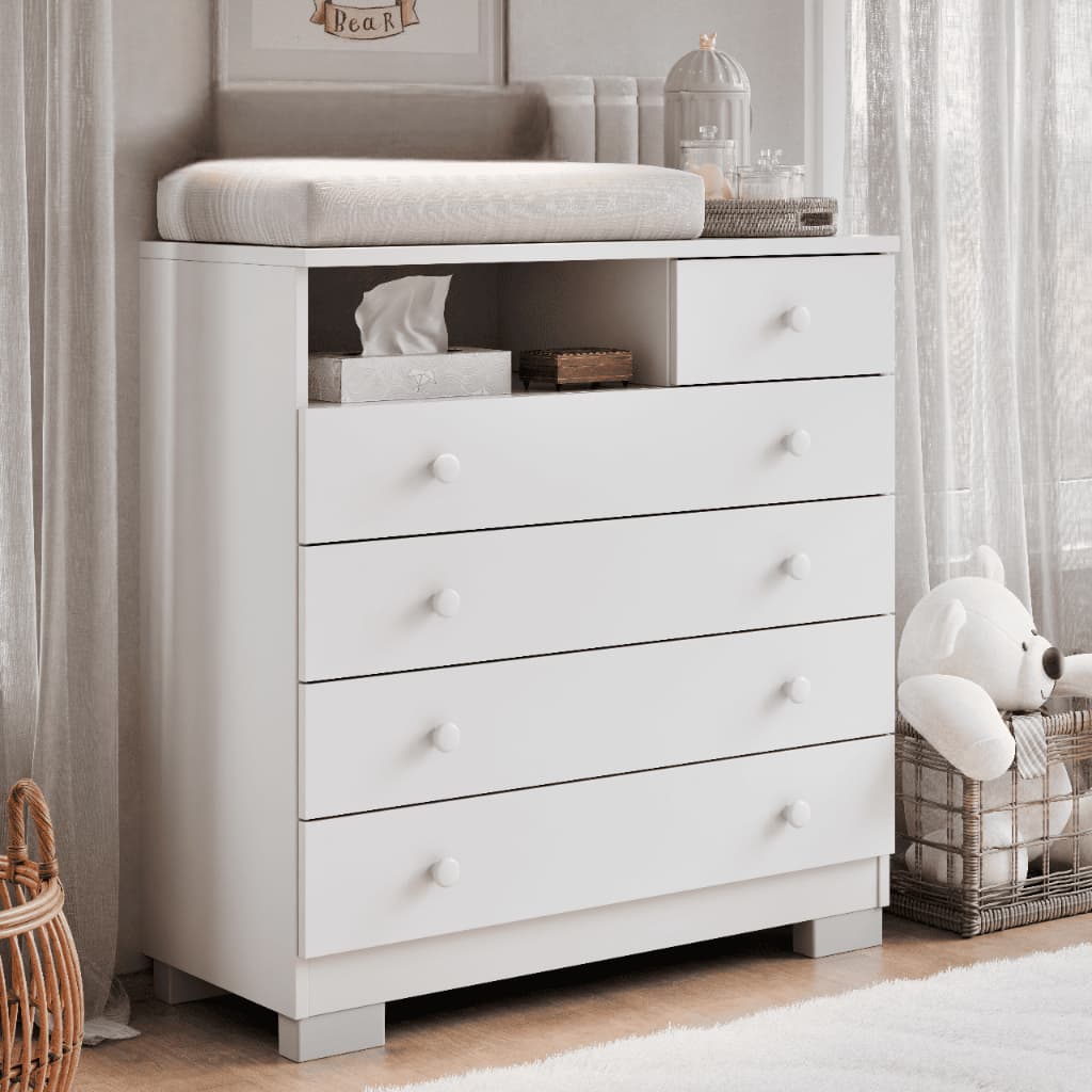 Cômoda Infantil Amora com Trocador 5 Gavetas e Nicho MDF MDP para Quarto de Bebê Moderna