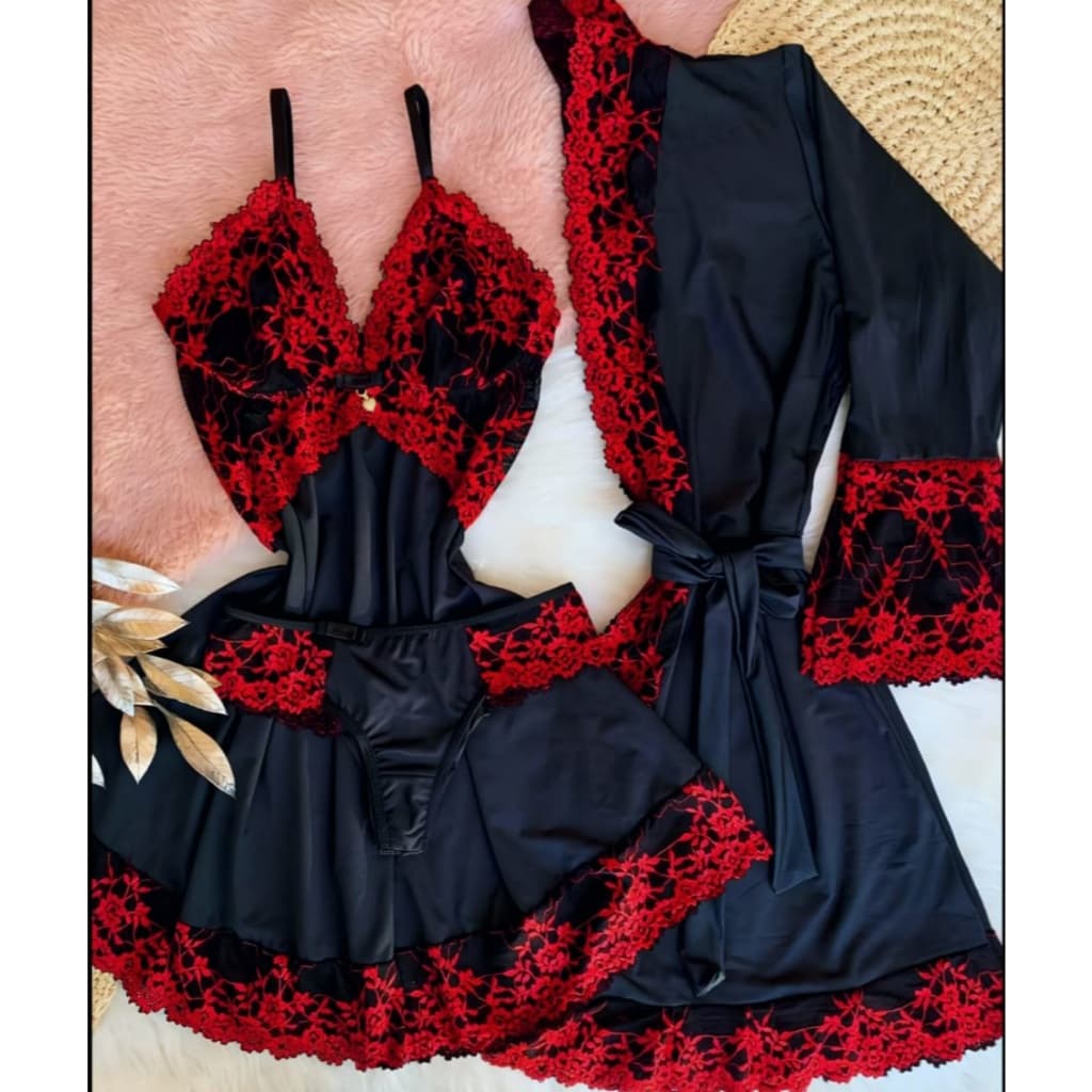 Kit Premium 3 Peças - Calcinha + Camisola + Robe de Luxo