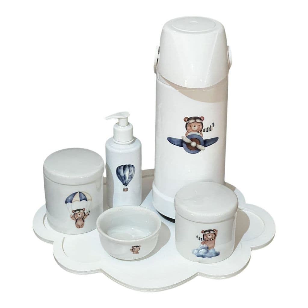 Kit Higiene Bebê Porcelana Ursinho Baloeiro Bandeja Nuvem Adesivo Dtf Uv.