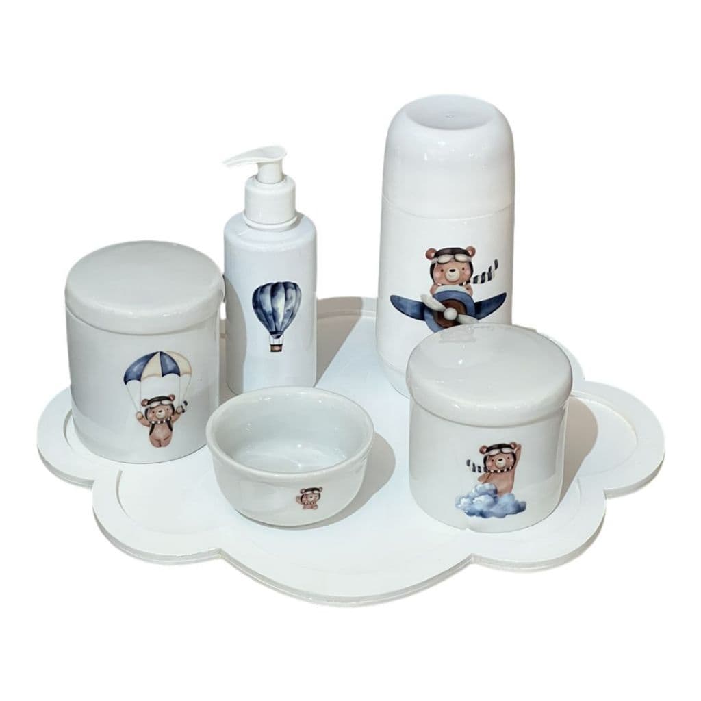 Kit Higiene Bebê Porcelana Ursinho Baloeiro Bandeja Nuvem Adesivo Dtf Uv Com Nome Personalizado Térmica Pump ou Rosca