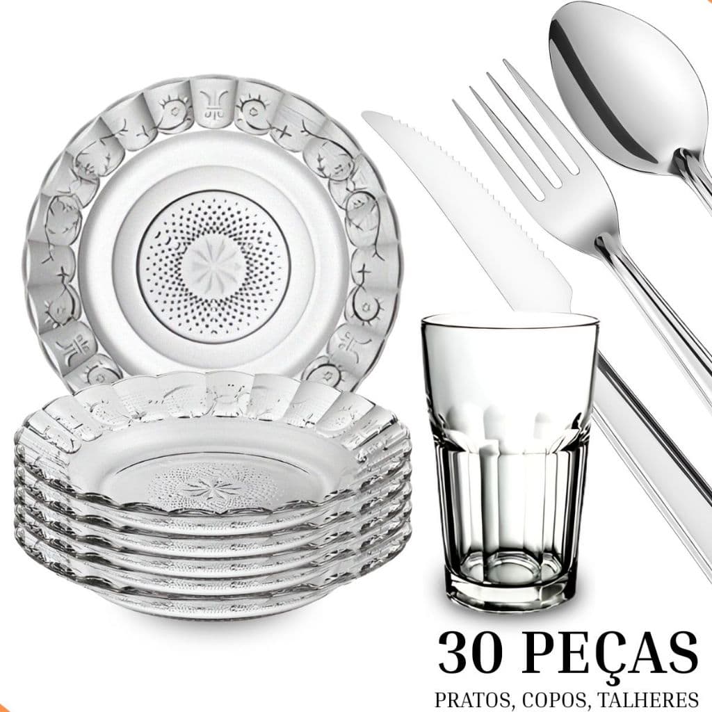 Jogo De Pratos Fundos E Copos C/30 Peças Aparelho de Jantar Em Vidro Com Talheres