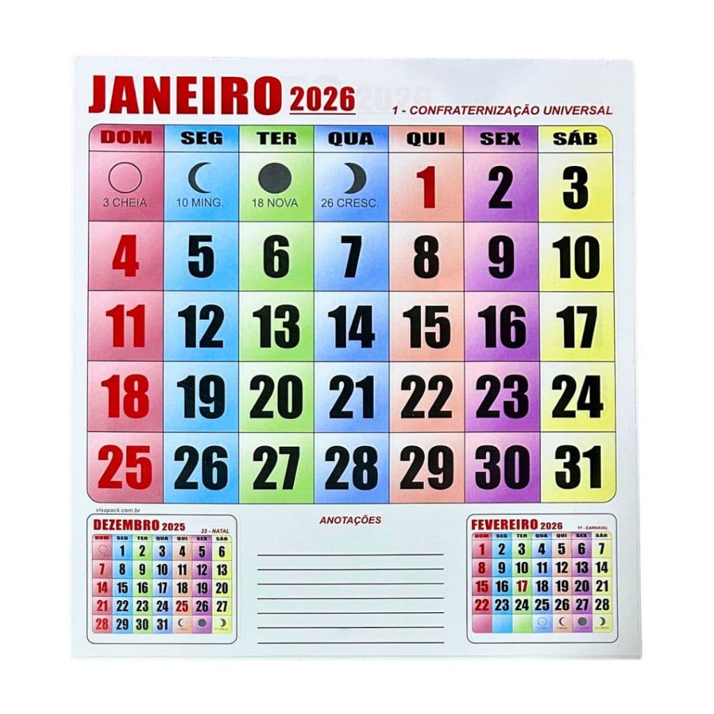 Bloco Calendário Comercial Ano 2026 Colorido 23x21,5cm Unitário