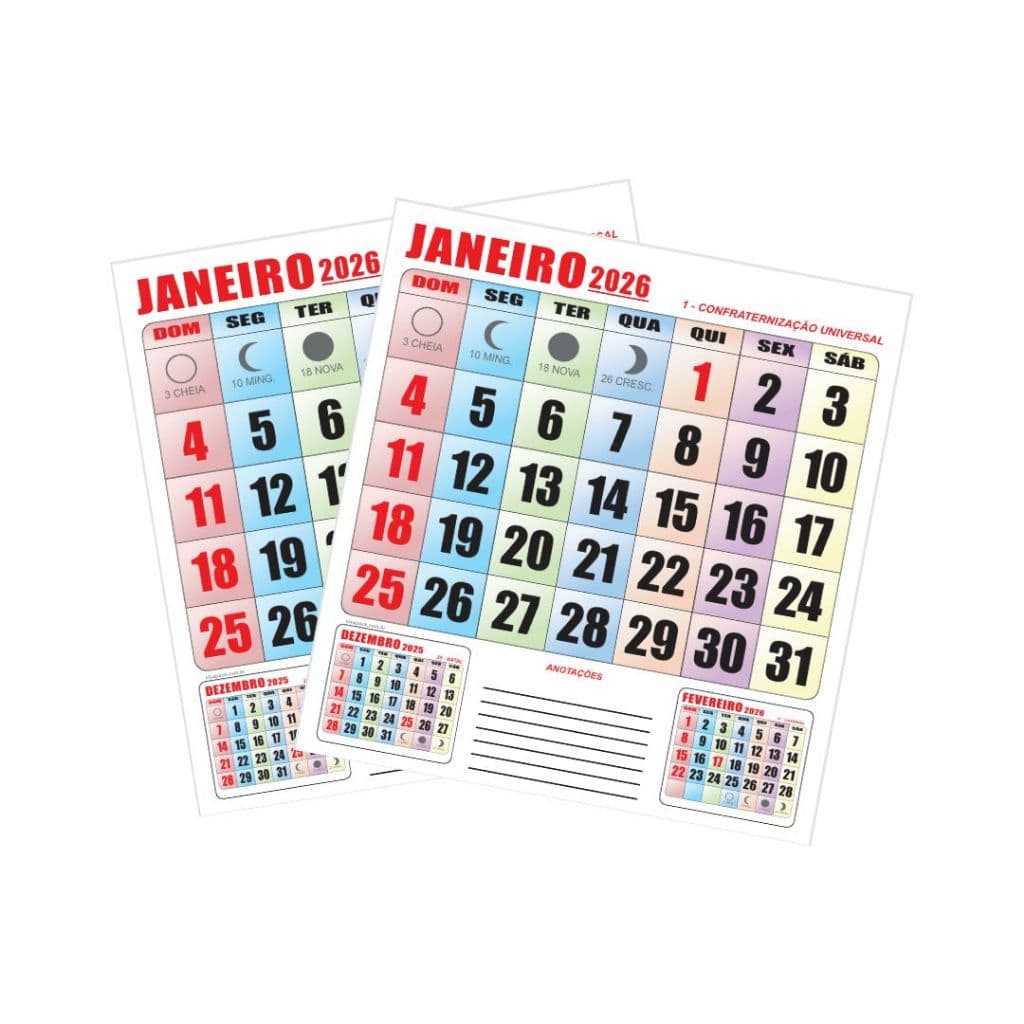 2 uni Bloco Calendário Comercial Ano 2026 Colorido 23x21,5cm