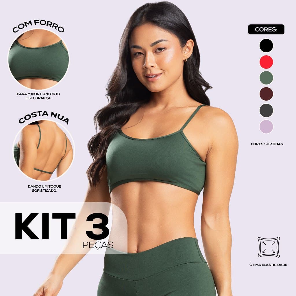 Kit 3 Top Costa Nua Faixa Duplo Com Espaço para Bojo Alcinha Fitness Zero Transparência