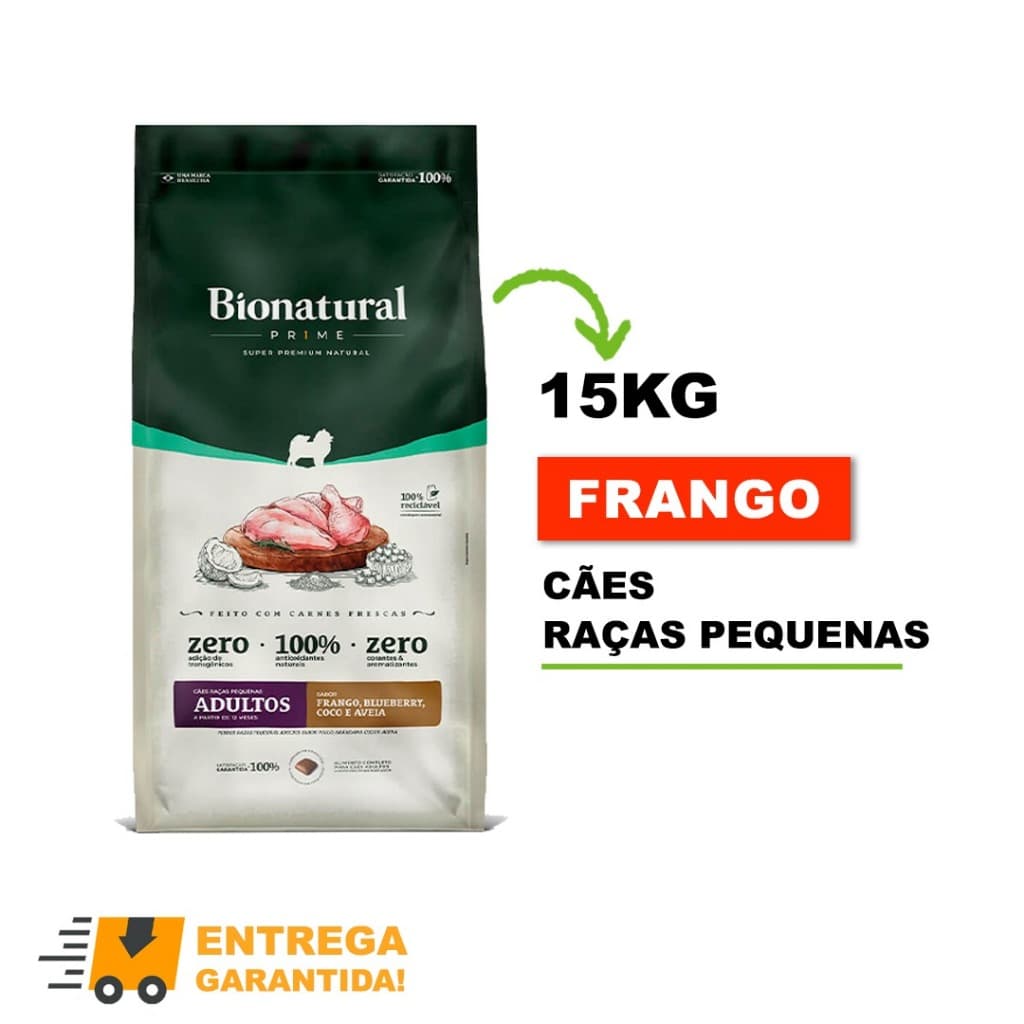 Ração Bionatural Prime Caes/Cachorro Raças Pequenas Adultos Frango 15Kg-Envio Rápido