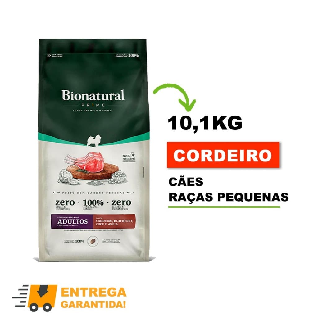 Ração SuperPremium Bionatural Prime Cães Adultos Raças Pequenas Cordeiro, Blueberry, Coco e Aveia 10,1kg-Envio Imediato