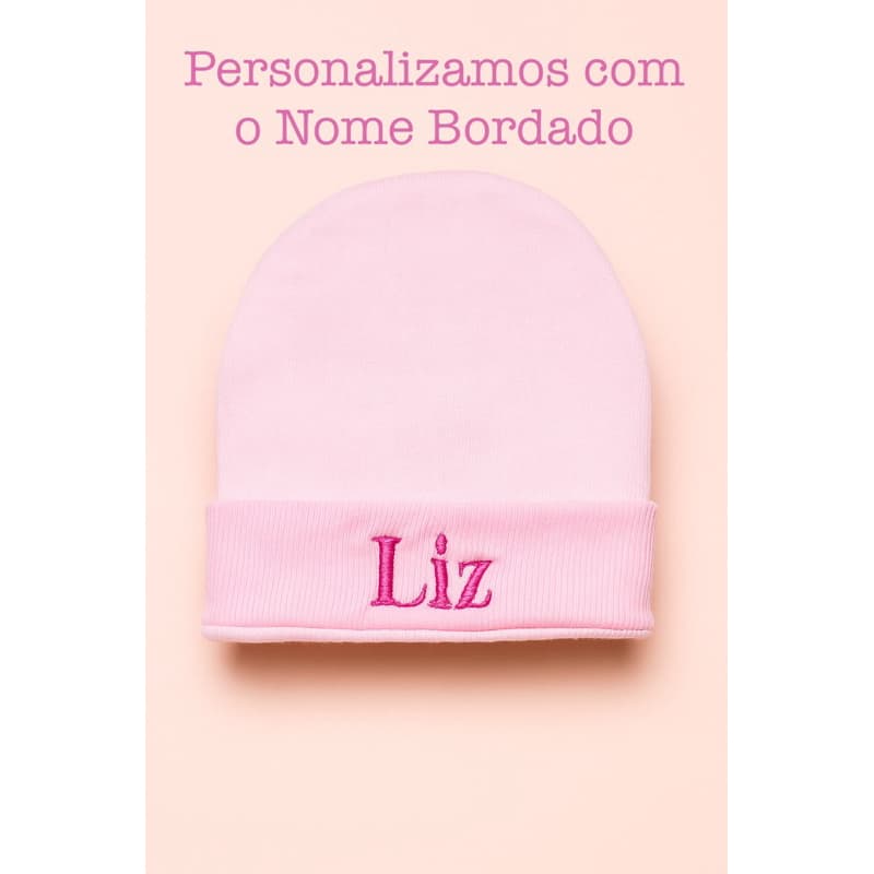 Touca Rosa Personalizada Bebê Antialérgica com Nome Bordado - Recém Nascido e Maternidade
