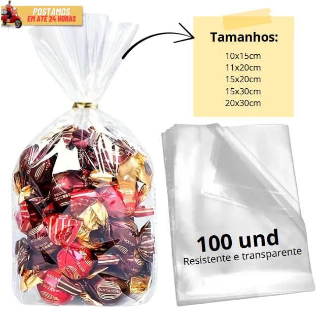 Saco Transparente Para Embalagem Alimentos Presentes Vários Tamanhos 100 Unidades