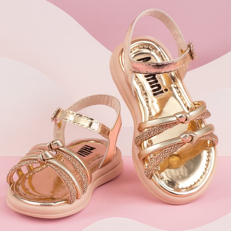 Sandália Infantil Menina Dourada Strass Brilho Tira de Nó Fivela Dia Dia Confortável Promoção