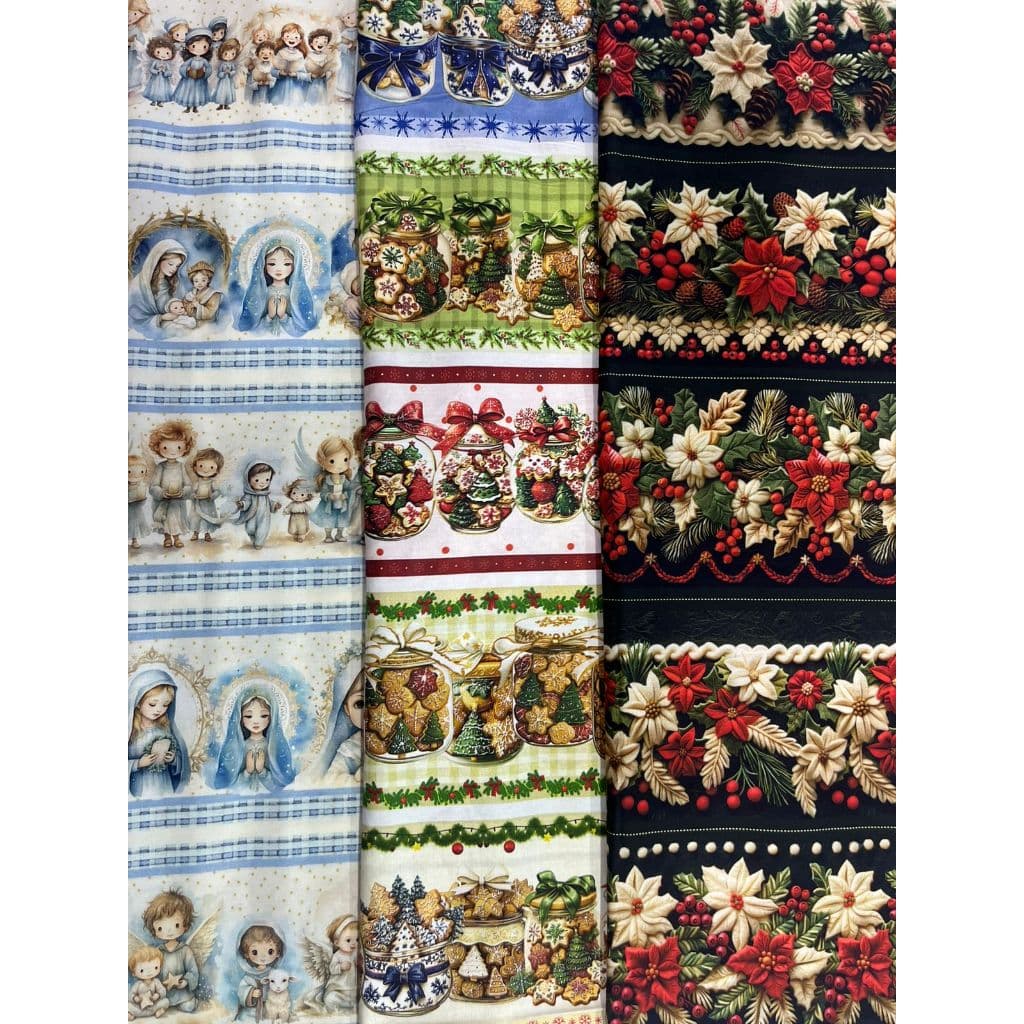 Tecido Tricoline Digital 100% algodão - Barrados Natalinos 55x75 cm (um dos lados)