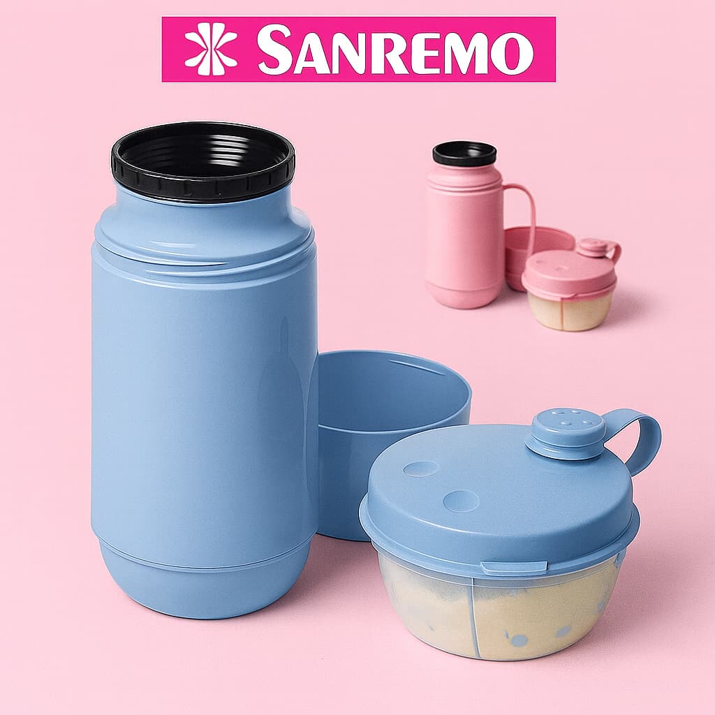 Garrafa Térmica Infantil Sanremo com Pote Dosador – Mantém 6h Quente e 12h Gelada