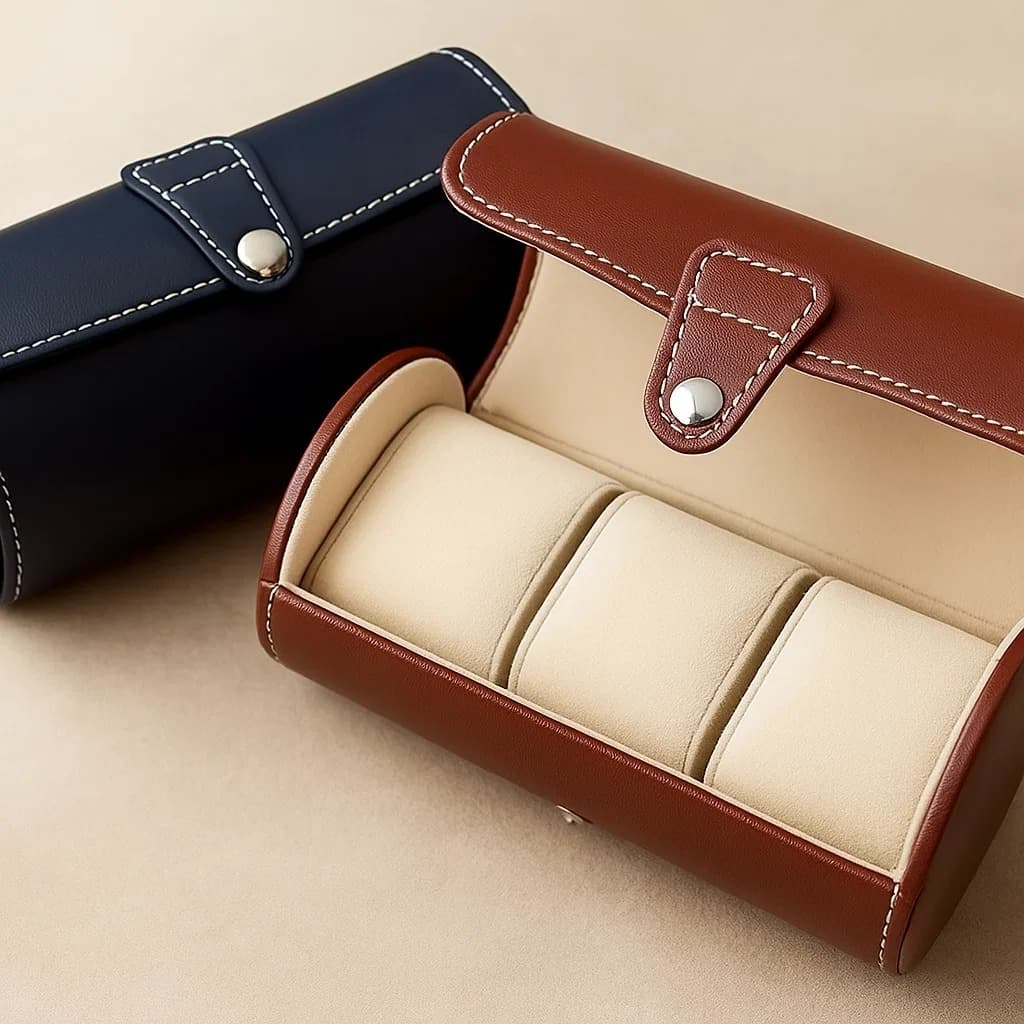 Estojo Em Couro Sintético Para 3 Relógios Caixa Organizador