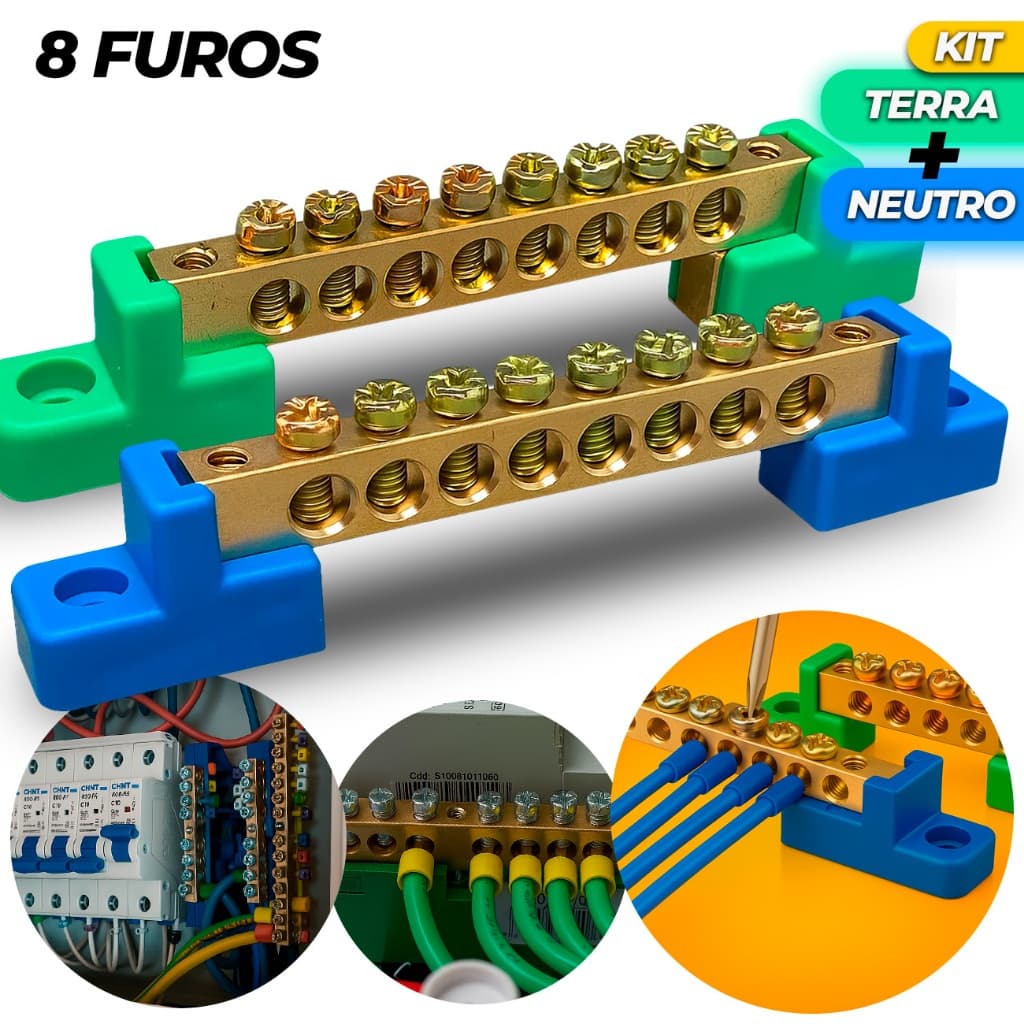 Kit Barramento Neutro e Terra 8 Furos Fixação Parafuso Barra Distribuição Borneira 8 Bornes Polos