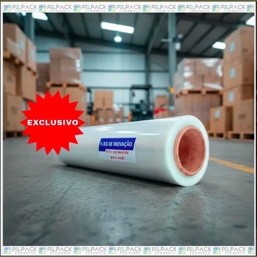 1 Bobina Filme Stretch 50cm x 100m (½ kg) Virgem Transparente – Estiramento até 150%