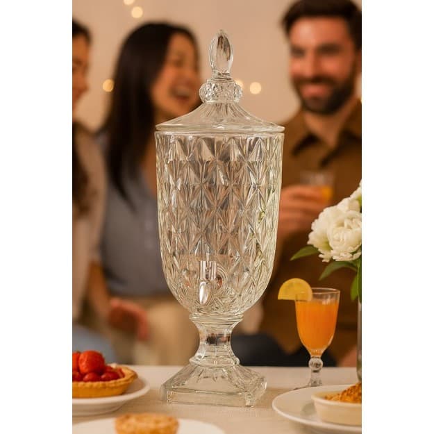 Suqueira de Vidro Diamond 2L 3L e 5L com Torneira Tampa Drink Cristal Luxo Casa Decoração Jarra Suco
