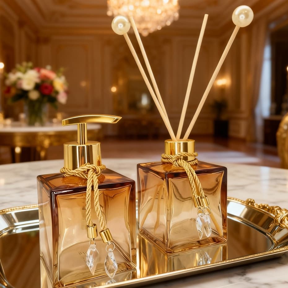 Kit Lavabo Luxo Vidro Decorativo Aromatizador Saboneteira Bandeja Cristal Elegante Banheiro Chique