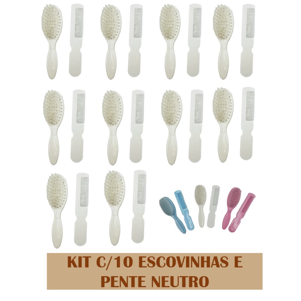 Kit Atacado 10 Escovinhas e Pentes Bebê Neutro – Personalizável para Lembrancinhas e Revenda