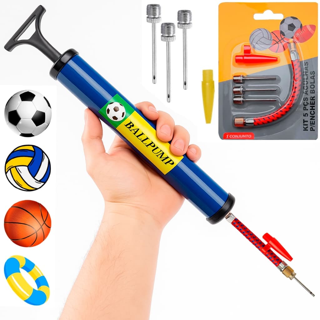 Bomba Ar Manual 28cm Encher Bolas Piscina E Kit de Bicos Futebol Voley Basquete