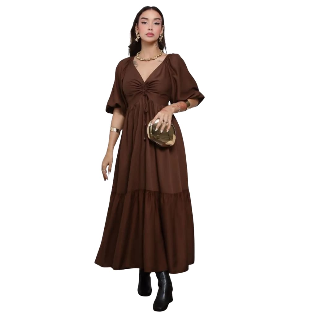 Vestidos Longo Manga 3/4 Decotado Festa Gestante Grávida Fenda Babados Casamento Madrinha KL