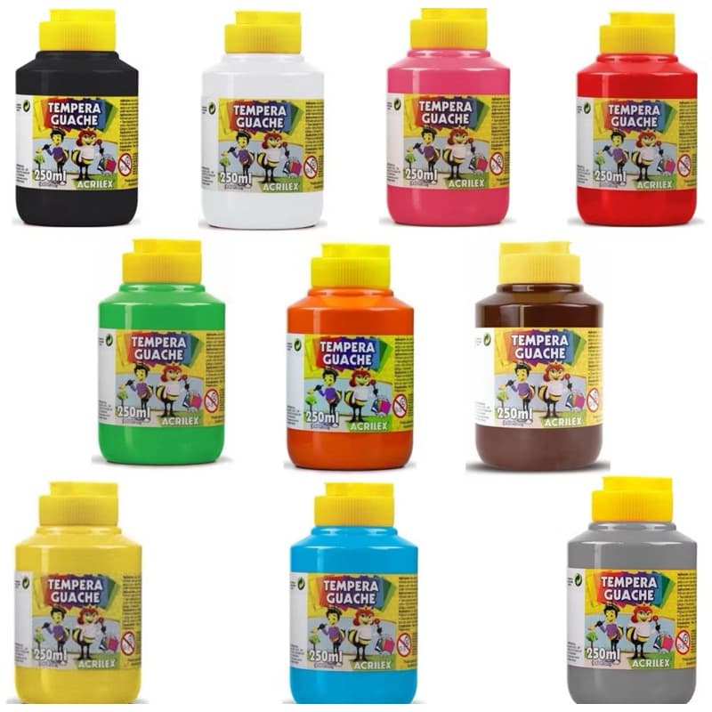 Kit Tinta Guache Acrilex 250ml - Monte Seu Kit com Cores vermelho Preta Marrom Verde Branca Laranja Rosa Azul