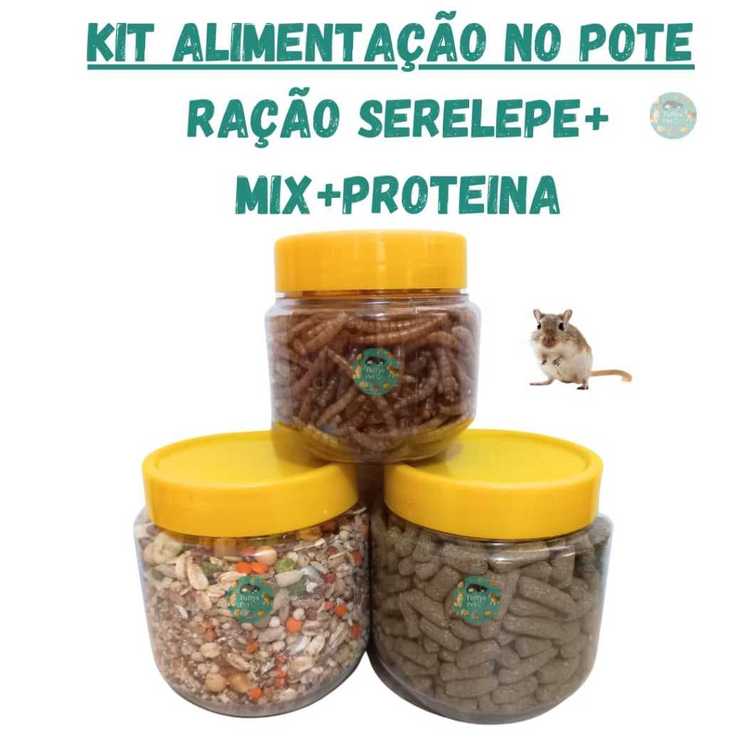 Alimentação Roedores no pote, kit Ração serelepe + Mix sementes e grãos + Proteina Tenébrio
