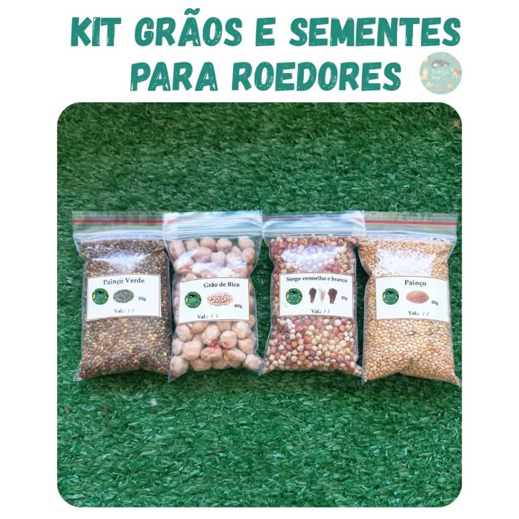 Kit Grãos e Sementes, saquinho para Roedores e Aves,Painço verde e Comun, Grão de bico e Sorgo.