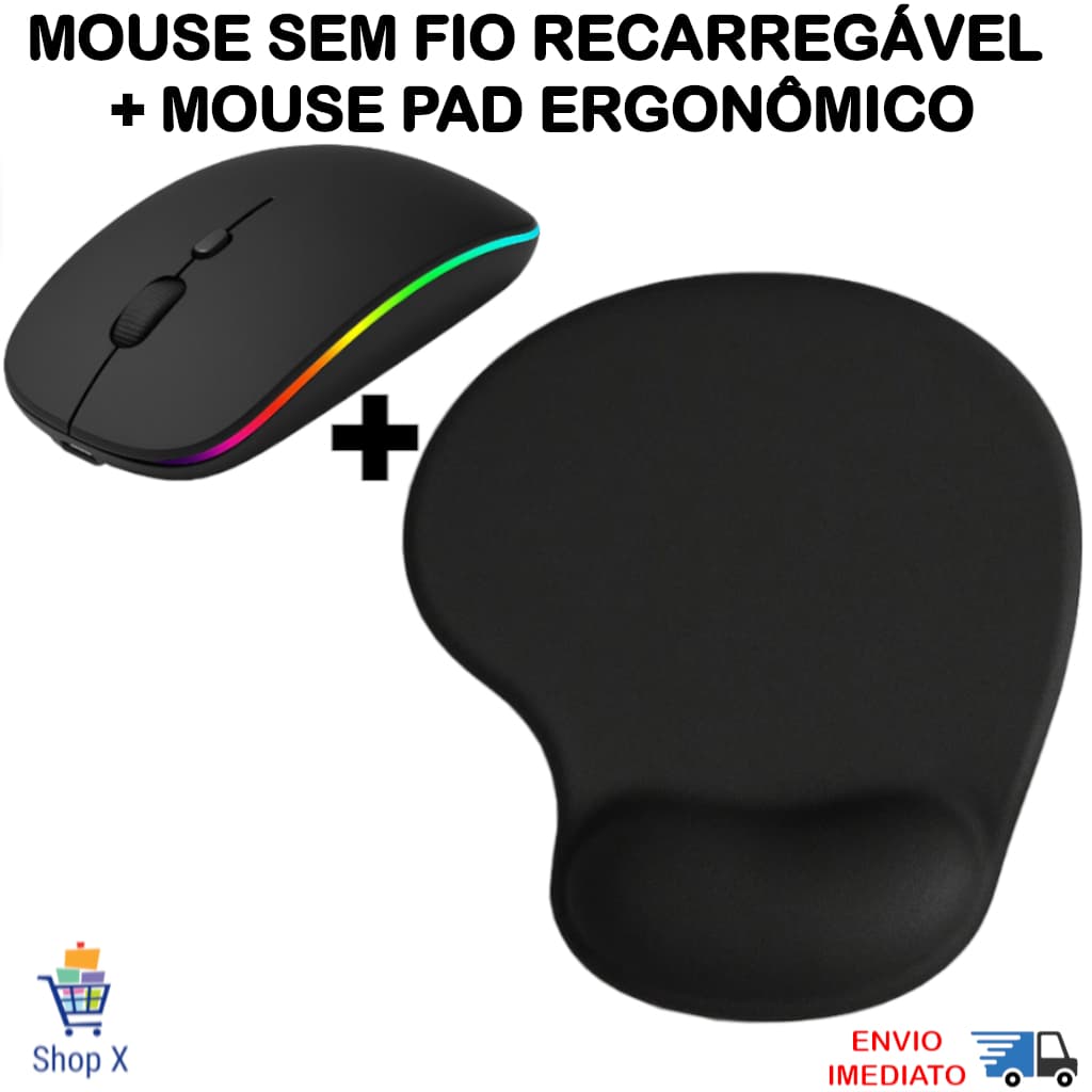 Kit Mouse Sem Fio Recarregável + Mousepad Ergonômico Com Apoio De Pulso