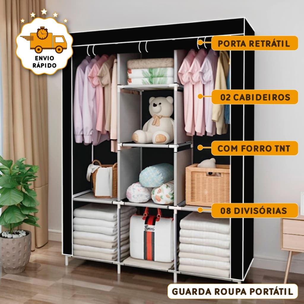 Guarda Roupa Montável Armário Organizador Dobrável Portátil Inteligente Closet Casal Cabideiro Arara