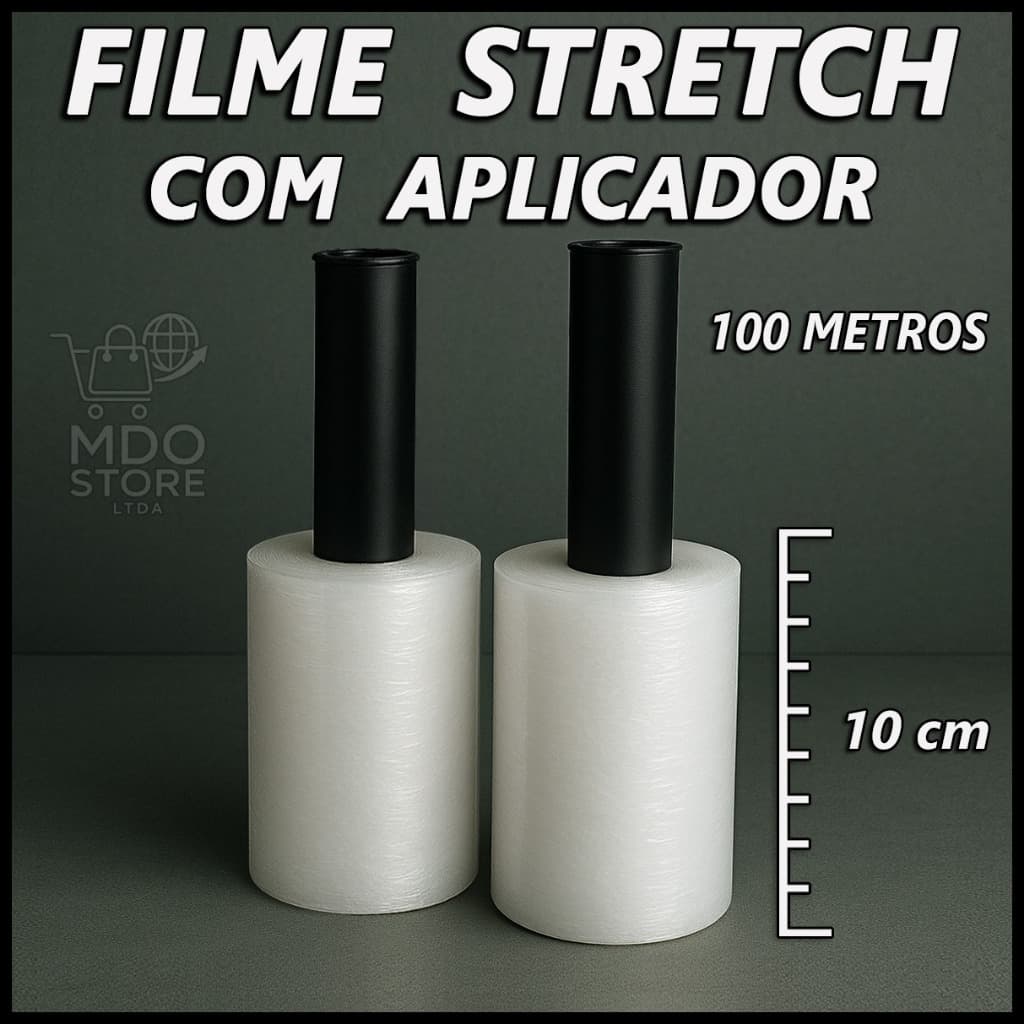 Filme Stretch C/ Aplicador Kit até 15 Rolos Filme Stretch com Manopla 10cm x100m 3,5,10 e15 Unidades
