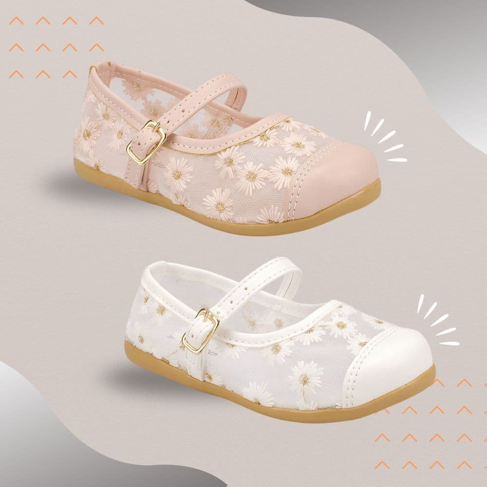 Sapatilha Infantil Menina Encanto Flores Tule Bordadas Confortável Delicada Floral Rosa Festas