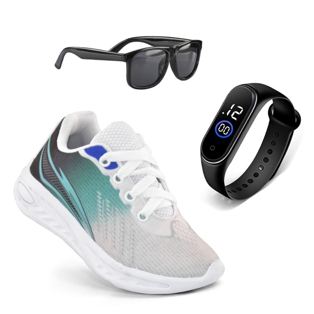 Kit Tenis Infantil Esportivo Unissex Branco Verde + Oculos + Relogio