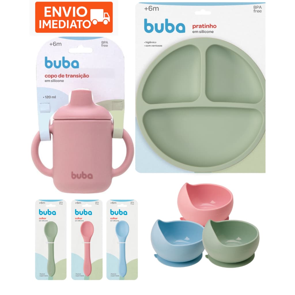 Kit Buba Completo Introducao Alimentar Silicone Bebe Prato Copo Colher Bowl Rosa Verde Azul