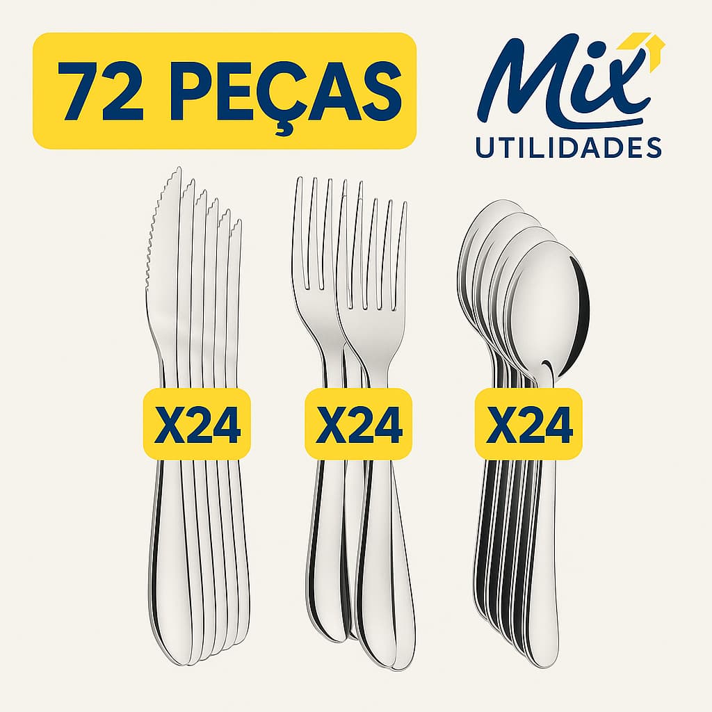 Kit 72 Talheres Aço Inox Acabamento Espelhado Reforçado para Cozinha e Buffet