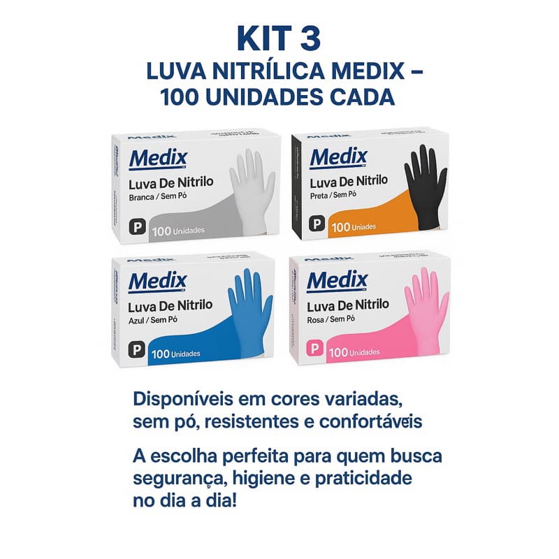 Kit 03 Luvas Nitrílicas Descartável  Sem pó Resistente 300 unidades