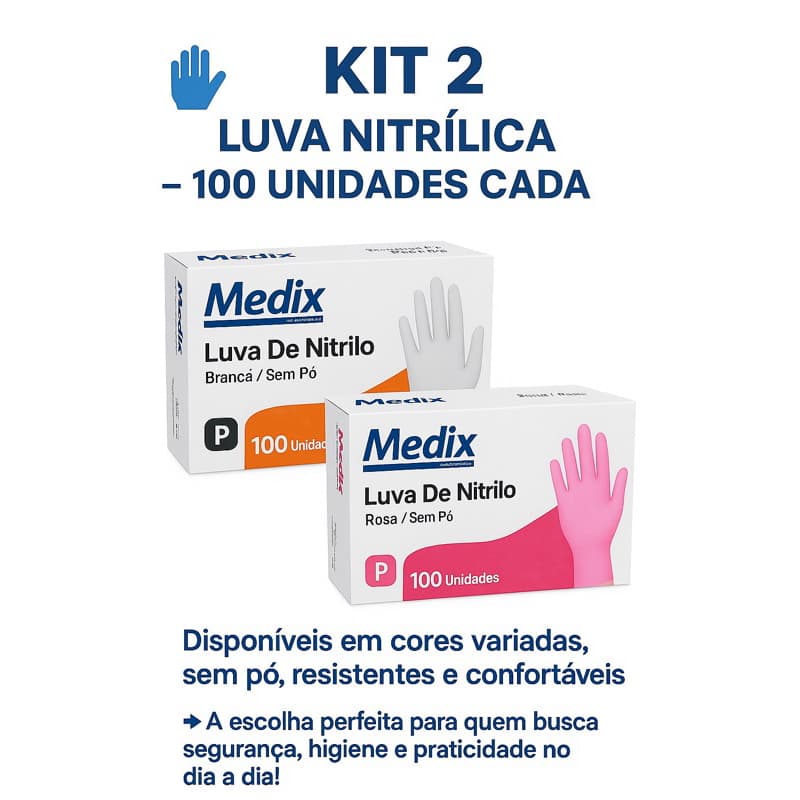 Kit 02 Luvas Nitrílicas Descartável Sem pó Resistente 200 unidades