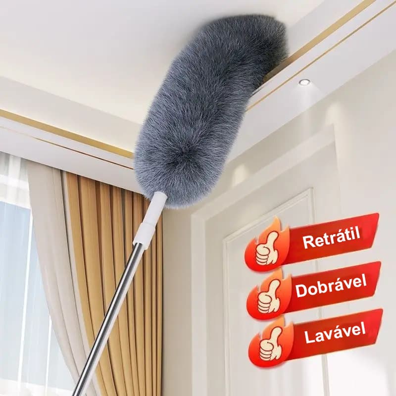 Espanador Retrátil 2,8m Profissional Microfibra Eletrostática Lavável Cabo Alumínio Cinza AntiPoeira