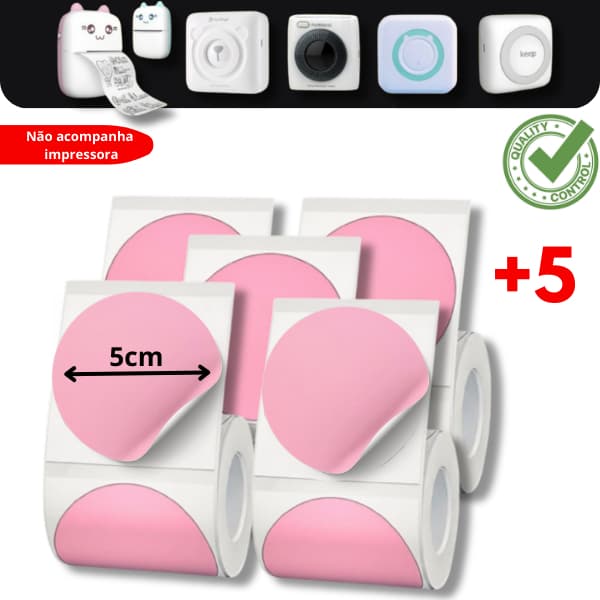 5 Rolos de Etiquetas Adesiva Redonda 50X50 ROSA para Impressora GATINHO