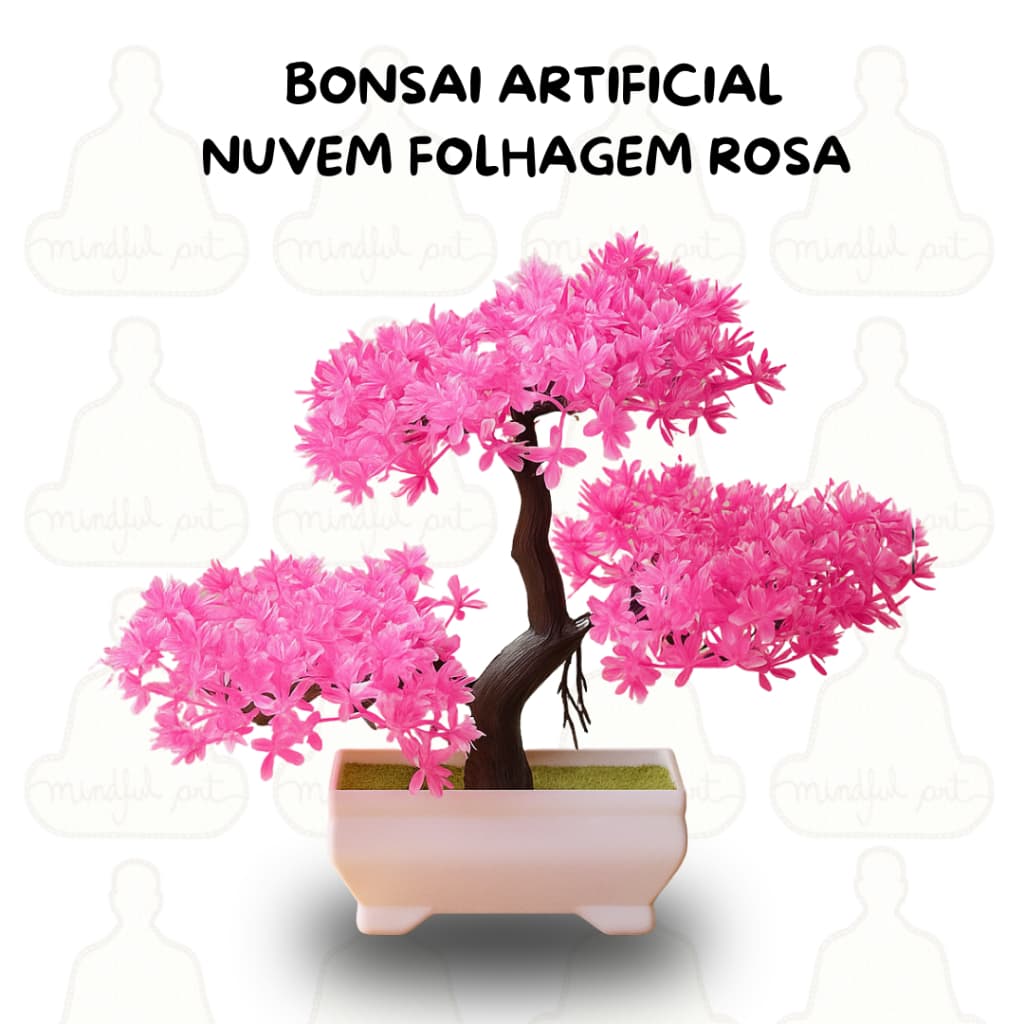 Planta Bonsai Nuvem Artificial –  Folhas Rosa Vibrante em Vaso Branco Retangular