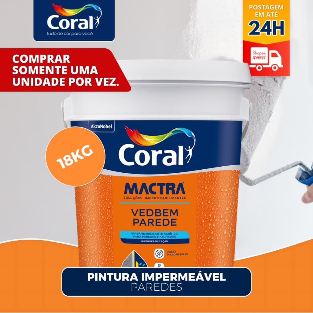 Tinta Borracha liquida Impermeabilizante Coral Mactra vedbem 18kg Proteção Contra Infiltrações