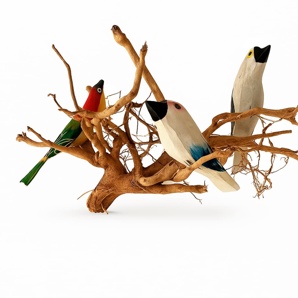 Escultura 3 Pássaros na Raiz em Madeira | Arara, Tucano e Passarinho Artesanal | Decoração de Jardim e Varanda