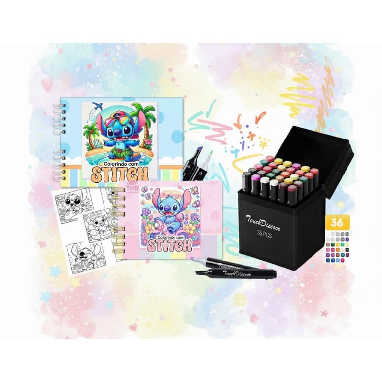 Livro de Colorir Stitch Estilo Bobbie Goods + Kit 36 Canetinhas – 50 Desenhos, Capa Dura,Anti-stress