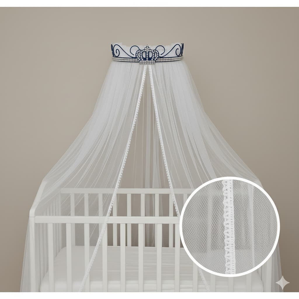 Mosquiteiro Tela De Berço Com Dossel Rócoco Pérola e Coroa Azul Marinho