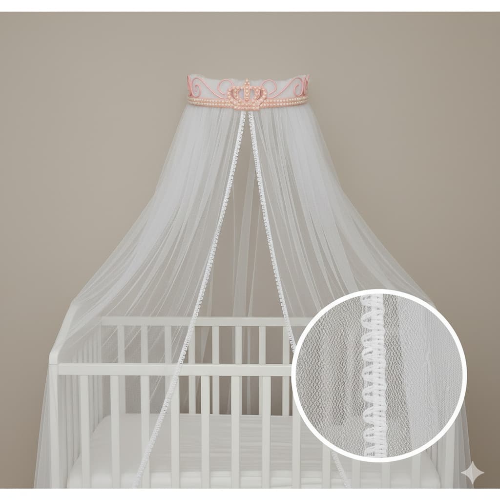 Kit Berço Dossel Rococó Rosa Pérola e Coroa  Com Mosquiteiro Tule 2 Peças